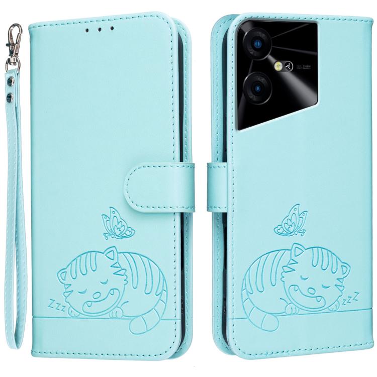 Cat Butterfly Embossed RFID Vegan Leather Phone Case with Strap, For Tecno Pova 7 4G, For Tecno Spark Go 2025 / Infinix Hot 60i, For Tecno Spark 10 Pro Magic, For Tecno Camon 30 Premier 5G, For Tecno Spark 20 Pro+, For Tecno Spark 20 Pro / Infinix Hot ...