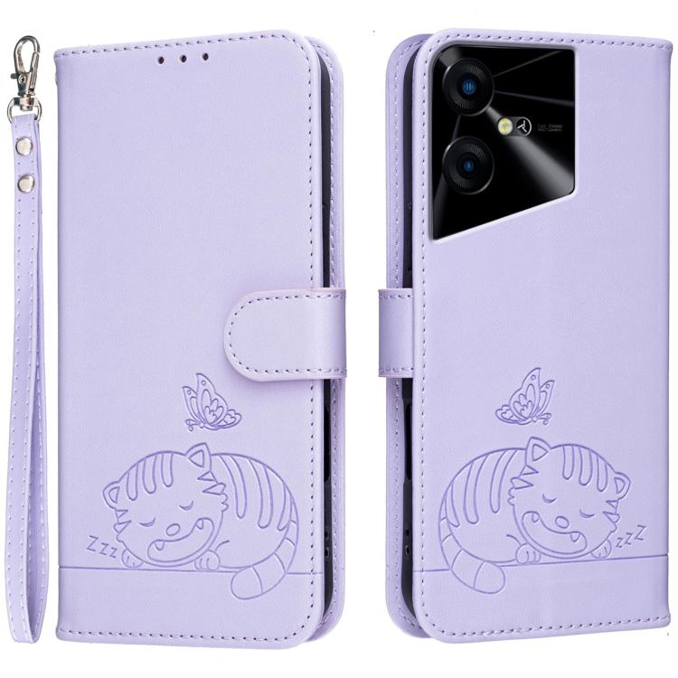 Cat Butterfly Embossed RFID Vegan Leather Phone Case with Strap, For Tecno Pova 7 4G, For Tecno Spark Go 2025 / Infinix Hot 60i, For Tecno Spark 10 Pro Magic, For Tecno Camon 30 Premier 5G, For Tecno Spark 20 Pro+, For Tecno Spark 20 Pro / Infinix Hot ...