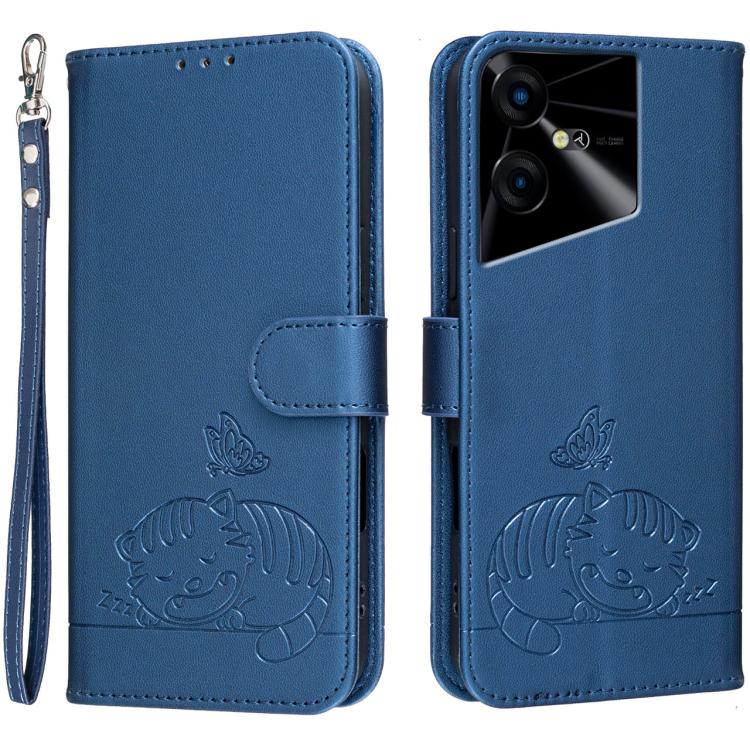 Cat Butterfly Embossed RFID Vegan Leather Phone Case with Strap, For Tecno Pova 7 4G, For Tecno Spark Go 2025 / Infinix Hot 60i, For Tecno Spark 10 Pro Magic, For Tecno Camon 30 Premier 5G, For Tecno Spark 20 Pro+, For Tecno Spark 20 Pro / Infinix Hot ...