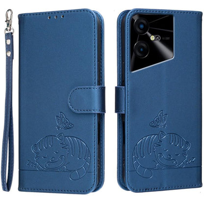 Cat Butterfly Embossed RFID Vegan Leather Phone Case with Strap, For Tecno Pova 7 4G, For Tecno Spark Go 2025 / Infinix Hot 60i, For Tecno Spark 10 Pro Magic, For Tecno Camon 30 Premier 5G, For Tecno Spark 20 Pro+, For Tecno Spark 20 Pro / Infinix Hot ...