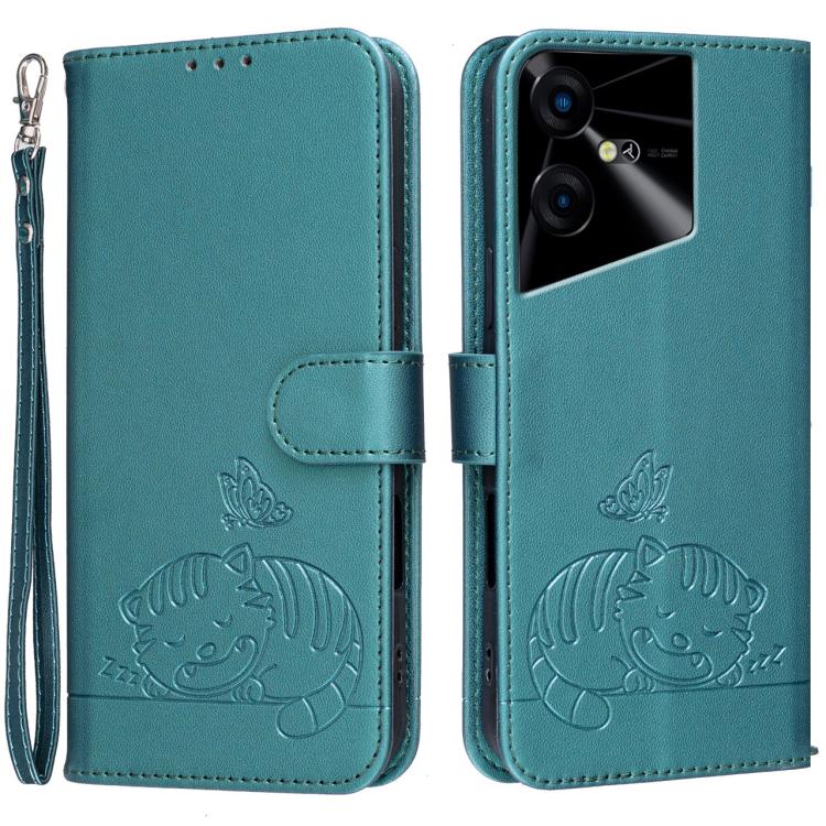 Cat Butterfly Embossed RFID Vegan Leather Phone Case with Strap, For Tecno Pova 7 4G, For Tecno Spark Go 2025 / Infinix Hot 60i, For Tecno Spark 10 Pro Magic, For Tecno Camon 30 Premier 5G, For Tecno Spark 20 Pro+, For Tecno Spark 20 Pro / Infinix Hot ...