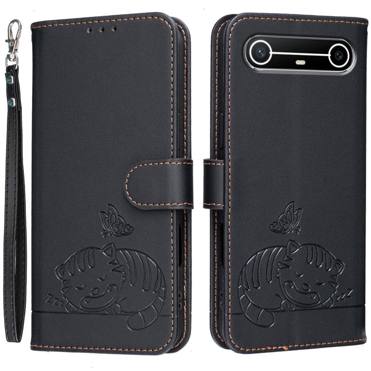 Cat Butterfly Embossed RFID Vegan Leather Phone Case with Strap, For Tecno Pova Curve 2 5G, For Tecno Spark 50 4G, For Tecno Camon 50 Pro 4G, For Tecno Camon 50 4G, For Tecno Pova Slim / Spark Slim 5G, For Tecno Spark 40C, For Tecno Pova 7 Pro 5G      ...