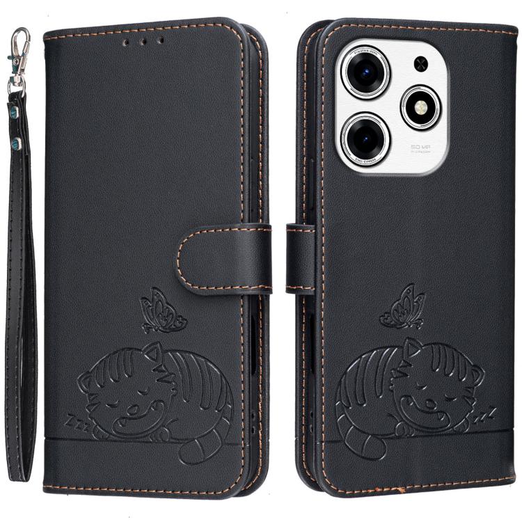 Cat Butterfly Embossed RFID Vegan Leather Phone Case with Strap, For Tecno Pova 7 4G, For Tecno Spark Go 2025 / Infinix Hot 60i, For Tecno Spark 10 Pro Magic, For Tecno Camon 30 Premier 5G, For Tecno Spark 20 Pro+, For Tecno Spark 20 Pro / Infinix Hot ...