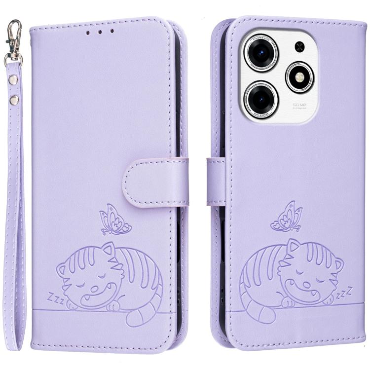Cat Butterfly Embossed RFID Vegan Leather Phone Case with Strap, For Tecno Pova 7 4G, For Tecno Spark Go 2025 / Infinix Hot 60i, For Tecno Spark 10 Pro Magic, For Tecno Camon 30 Premier 5G, For Tecno Spark 20 Pro+, For Tecno Spark 20 Pro / Infinix Hot ...