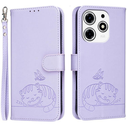 Cat Butterfly Embossed RFID Vegan Leather Phone Case with Strap, For Tecno Pova 7 4G, For Tecno Spark Go 2025 / Infinix Hot 60i, For Tecno Spark 10 Pro Magic, For Tecno Camon 30 Premier 5G, For Tecno Spark 20 Pro+, For Tecno Spark 20 Pro / Infinix Hot ...