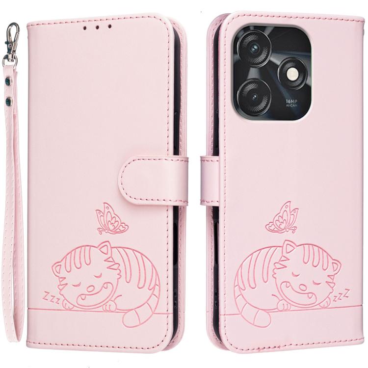 Cat Butterfly Embossed RFID Vegan Leather Phone Case with Strap, For Tecno Camon 20, For Tecno Spark 10 5G, For Tecno Spark 10C, For Tecno Spark Go 2023, For Tecno Spark 10 Pro