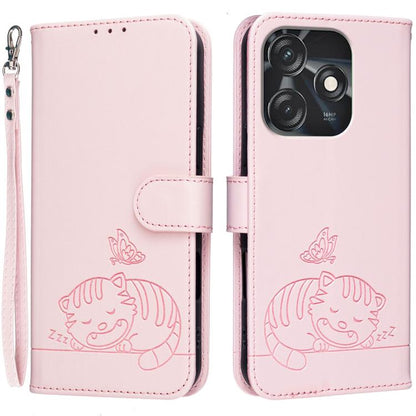 Cat Butterfly Embossed RFID Vegan Leather Phone Case with Strap, For Tecno Camon 20, For Tecno Spark 10 5G, For Tecno Spark 10C, For Tecno Spark Go 2023, For Tecno Spark 10 Pro