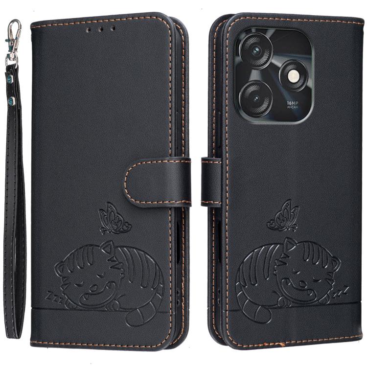 Cat Butterfly Embossed RFID Vegan Leather Phone Case with Strap, For Tecno Camon 20, For Tecno Spark 10 5G, For Tecno Spark 10C, For Tecno Spark Go 2023, For Tecno Spark 10 Pro