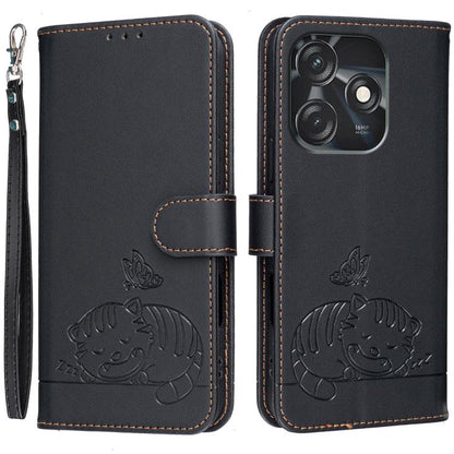 Cat Butterfly Embossed RFID Vegan Leather Phone Case with Strap, For Tecno Camon 20, For Tecno Spark 10 5G, For Tecno Spark 10C, For Tecno Spark Go 2023, For Tecno Spark 10 Pro
