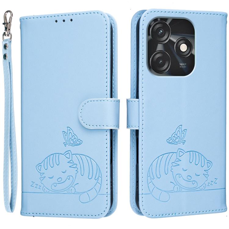 Cat Butterfly Embossed RFID Vegan Leather Phone Case with Strap, For Tecno Camon 20, For Tecno Spark 10 5G, For Tecno Spark 10C, For Tecno Spark Go 2023, For Tecno Spark 10 Pro