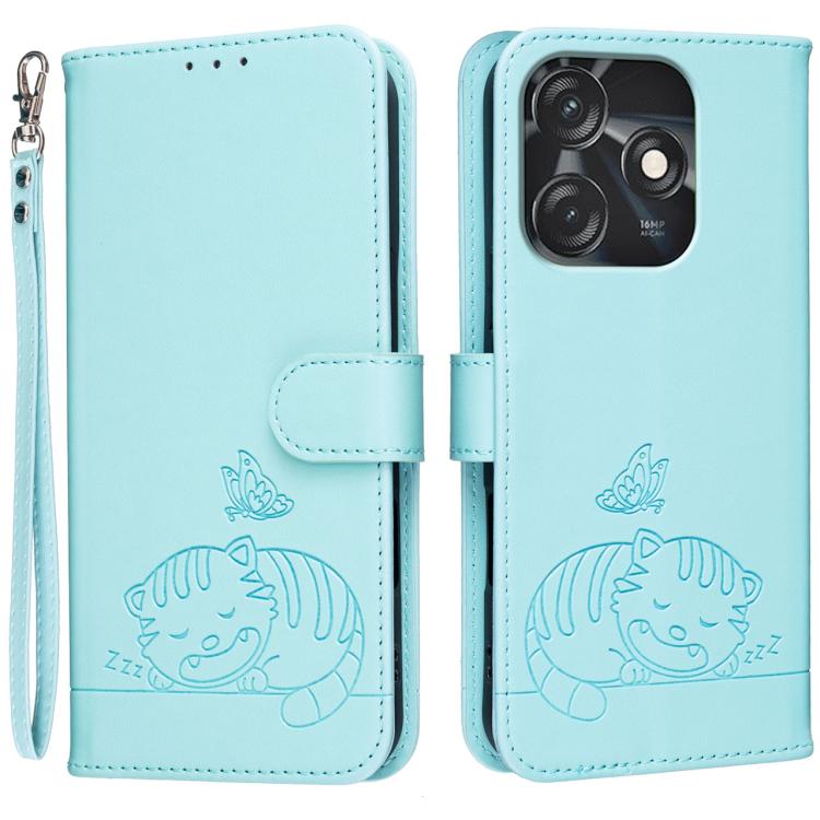 Cat Butterfly Embossed RFID Vegan Leather Phone Case with Strap, For Tecno Camon 20, For Tecno Spark 10 5G, For Tecno Spark 10C, For Tecno Spark Go 2023, For Tecno Spark 10 Pro