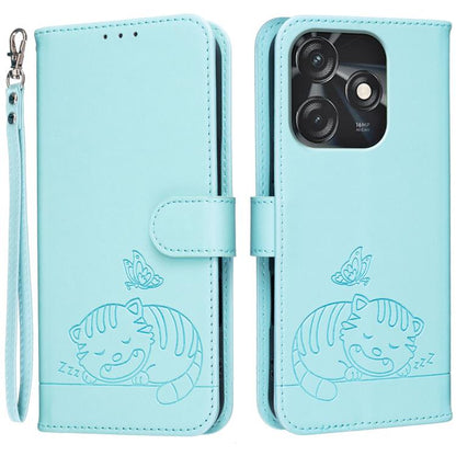 Cat Butterfly Embossed RFID Vegan Leather Phone Case with Strap, For Tecno Camon 20, For Tecno Spark 10 5G, For Tecno Spark 10C, For Tecno Spark Go 2023, For Tecno Spark 10 Pro
