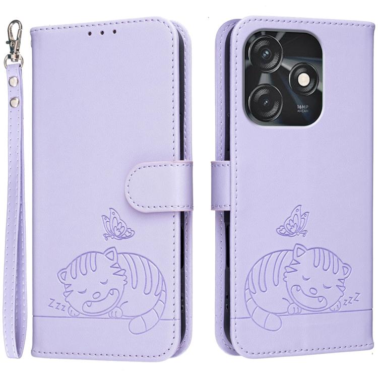 Cat Butterfly Embossed RFID Vegan Leather Phone Case with Strap, For Tecno Camon 20, For Tecno Spark 10 5G, For Tecno Spark 10C, For Tecno Spark Go 2023, For Tecno Spark 10 Pro