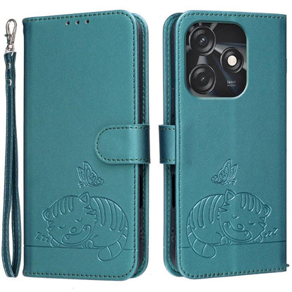 Cat Butterfly Embossed RFID Vegan Leather Phone Case with Strap, For Tecno Camon 20, For Tecno Spark 10 5G, For Tecno Spark 10C, For Tecno Spark Go 2023, For Tecno Spark 10 Pro