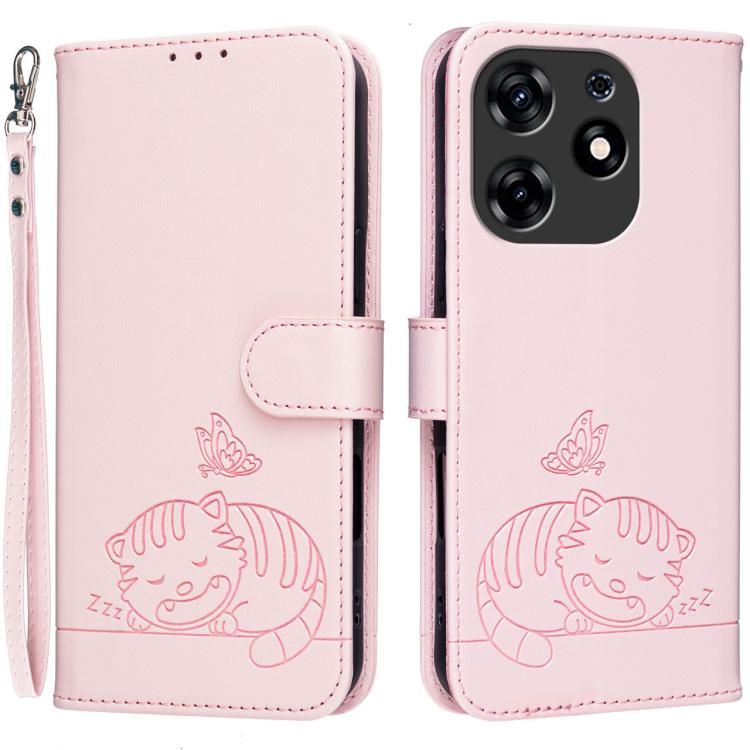 Cat Butterfly Embossed RFID Vegan Leather Phone Case with Strap, For Tecno Camon 20, For Tecno Spark 10 5G, For Tecno Spark 10C, For Tecno Spark Go 2023, For Tecno Spark 10 Pro