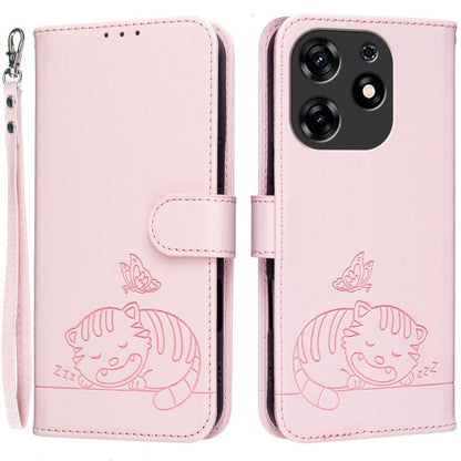 Cat Butterfly Embossed RFID Vegan Leather Phone Case with Strap, For Tecno Camon 20, For Tecno Spark 10 5G, For Tecno Spark 10C, For Tecno Spark Go 2023, For Tecno Spark 10 Pro