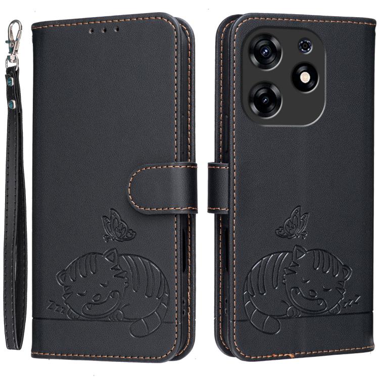 Cat Butterfly Embossed RFID Vegan Leather Phone Case with Strap, For Tecno Camon 20, For Tecno Spark 10 5G, For Tecno Spark 10C, For Tecno Spark Go 2023, For Tecno Spark 10 Pro