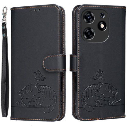 Cat Butterfly Embossed RFID Vegan Leather Phone Case with Strap, For Tecno Camon 20, For Tecno Spark 10 5G, For Tecno Spark 10C, For Tecno Spark Go 2023, For Tecno Spark 10 Pro