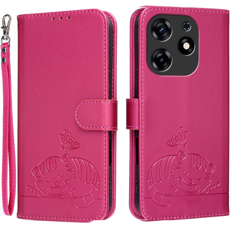 Cat Butterfly Embossed RFID Vegan Leather Phone Case with Strap, For Tecno Camon 20, For Tecno Spark 10 5G, For Tecno Spark 10C, For Tecno Spark Go 2023, For Tecno Spark 10 Pro
