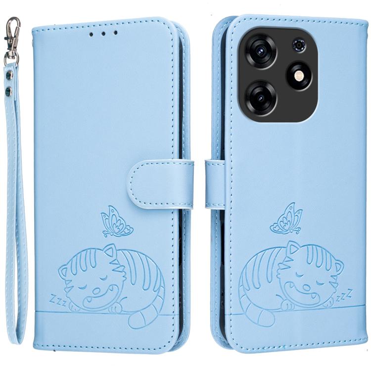 Cat Butterfly Embossed RFID Vegan Leather Phone Case with Strap, For Tecno Camon 20, For Tecno Spark 10 5G, For Tecno Spark 10C, For Tecno Spark Go 2023, For Tecno Spark 10 Pro