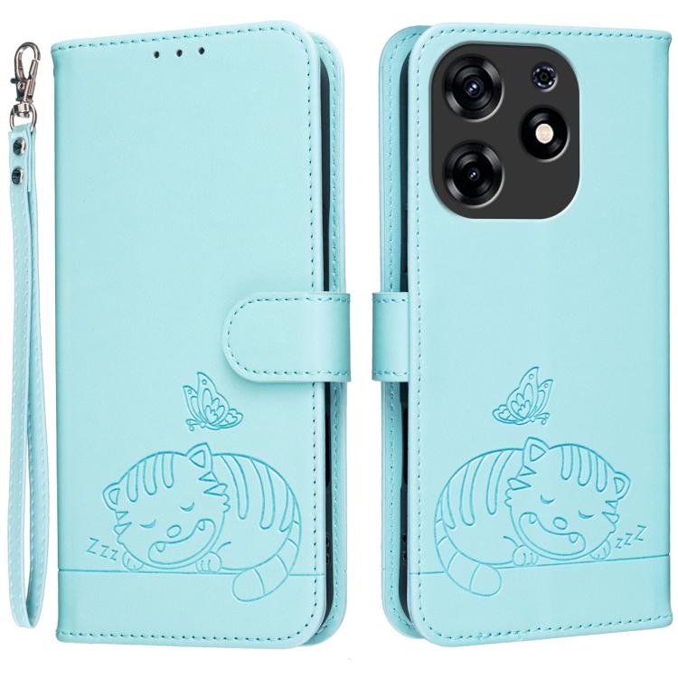 Cat Butterfly Embossed RFID Vegan Leather Phone Case with Strap, For Tecno Camon 20, For Tecno Spark 10 5G, For Tecno Spark 10C, For Tecno Spark Go 2023, For Tecno Spark 10 Pro