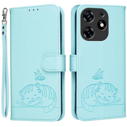Cat Butterfly Embossed RFID Vegan Leather Phone Case with Strap, For Tecno Camon 20, For Tecno Spark 10 5G, For Tecno Spark 10C, For Tecno Spark Go 2023, For Tecno Spark 10 Pro
