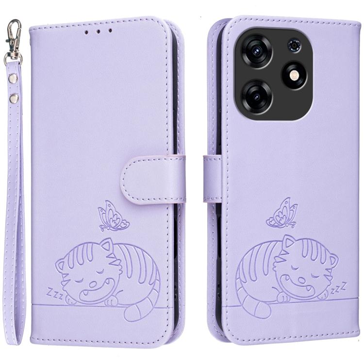 Cat Butterfly Embossed RFID Vegan Leather Phone Case with Strap, For Tecno Camon 20, For Tecno Spark 10 5G, For Tecno Spark 10C, For Tecno Spark Go 2023, For Tecno Spark 10 Pro