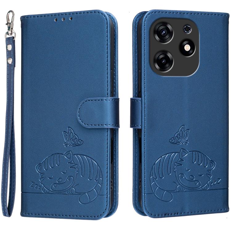 Cat Butterfly Embossed RFID Vegan Leather Phone Case with Strap, For Tecno Camon 20, For Tecno Spark 10 5G, For Tecno Spark 10C, For Tecno Spark Go 2023, For Tecno Spark 10 Pro