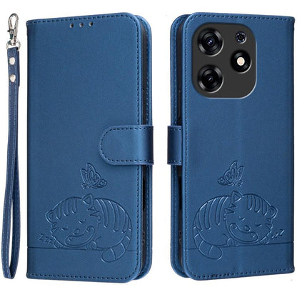 Cat Butterfly Embossed RFID Vegan Leather Phone Case with Strap, For Tecno Camon 20, For Tecno Spark 10 5G, For Tecno Spark 10C, For Tecno Spark Go 2023, For Tecno Spark 10 Pro