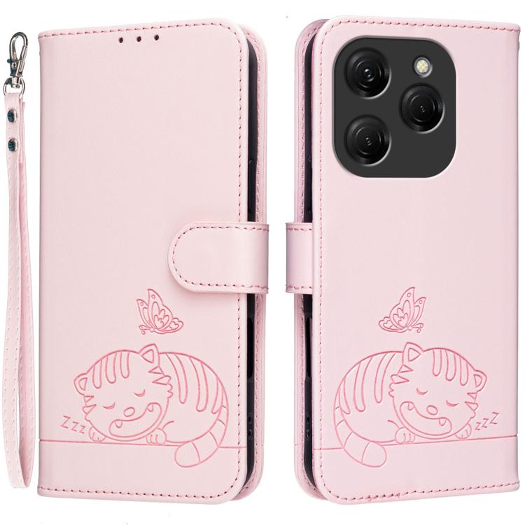 Cat Butterfly Embossed RFID Vegan Leather Phone Case with Strap, For Tecno Pova 7 4G, For Tecno Spark Go 2025 / Infinix Hot 60i, For Tecno Spark 10 Pro Magic, For Tecno Camon 30 Premier 5G, For Tecno Spark 20 Pro+, For Tecno Spark 20 Pro / Infinix Hot ...