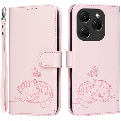 Cat Butterfly Embossed RFID Vegan Leather Phone Case with Strap, For Tecno Pova 7 4G, For Tecno Spark Go 2025 / Infinix Hot 60i, For Tecno Spark 10 Pro Magic, For Tecno Camon 30 Premier 5G, For Tecno Spark 20 Pro+, For Tecno Spark 20 Pro / Infinix Hot ...