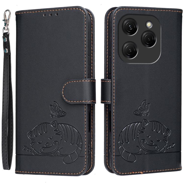 Cat Butterfly Embossed RFID Vegan Leather Phone Case with Strap, For Tecno Pova 7 4G, For Tecno Spark Go 2025 / Infinix Hot 60i, For Tecno Spark 10 Pro Magic, For Tecno Camon 30 Premier 5G, For Tecno Spark 20 Pro+, For Tecno Spark 20 Pro / Infinix Hot ...