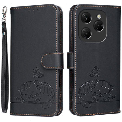 Cat Butterfly Embossed RFID Vegan Leather Phone Case with Strap, For Tecno Pova 7 4G, For Tecno Spark Go 2025 / Infinix Hot 60i, For Tecno Spark 10 Pro Magic, For Tecno Camon 30 Premier 5G, For Tecno Spark 20 Pro+, For Tecno Spark 20 Pro / Infinix Hot ...