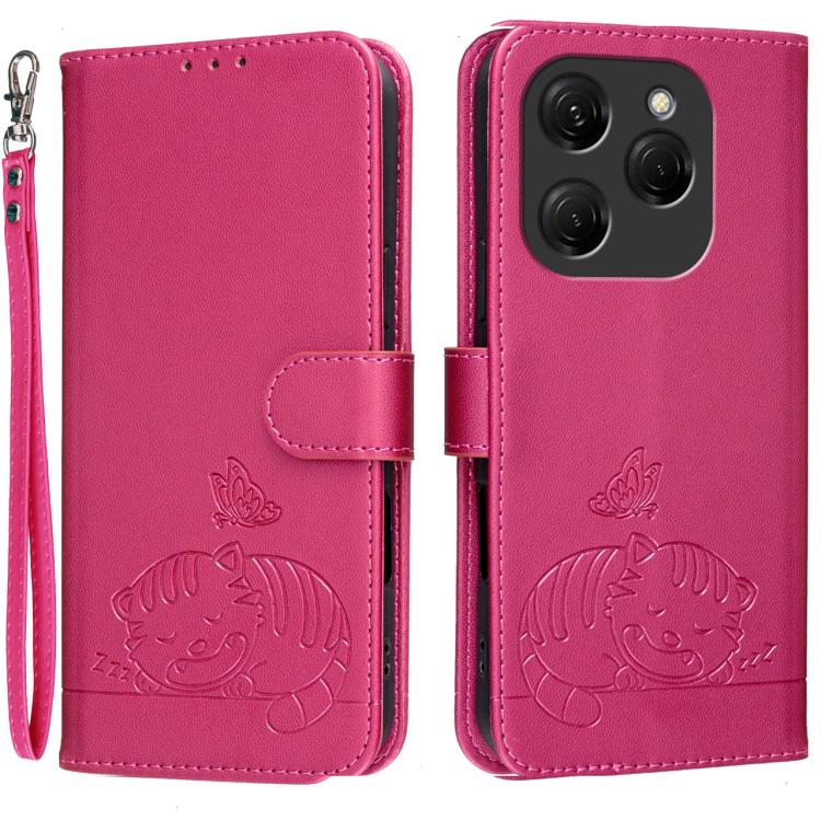 Cat Butterfly Embossed RFID Vegan Leather Phone Case with Strap, For Tecno Pova 7 4G, For Tecno Spark Go 2025 / Infinix Hot 60i, For Tecno Spark 10 Pro Magic, For Tecno Camon 30 Premier 5G, For Tecno Spark 20 Pro+, For Tecno Spark 20 Pro / Infinix Hot ...
