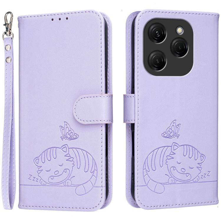 Cat Butterfly Embossed RFID Vegan Leather Phone Case with Strap, For Tecno Pova 7 4G, For Tecno Spark Go 2025 / Infinix Hot 60i, For Tecno Spark 10 Pro Magic, For Tecno Camon 30 Premier 5G, For Tecno Spark 20 Pro+, For Tecno Spark 20 Pro / Infinix Hot ...