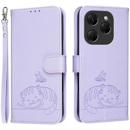 Cat Butterfly Embossed RFID Vegan Leather Phone Case with Strap, For Tecno Pova 7 4G, For Tecno Spark Go 2025 / Infinix Hot 60i, For Tecno Spark 10 Pro Magic, For Tecno Camon 30 Premier 5G, For Tecno Spark 20 Pro+, For Tecno Spark 20 Pro / Infinix Hot ...