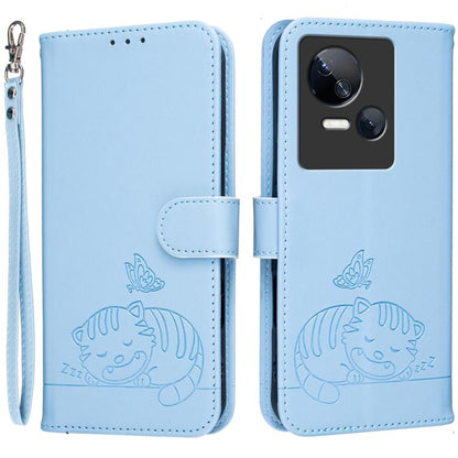 Cat Butterfly Embossed RFID Vegan Leather Phone Case with Strap, For Tecno Camon 20, For Tecno Spark 10 5G, For Tecno Spark 10C, For Tecno Spark Go 2023, For Tecno Spark 10 Pro