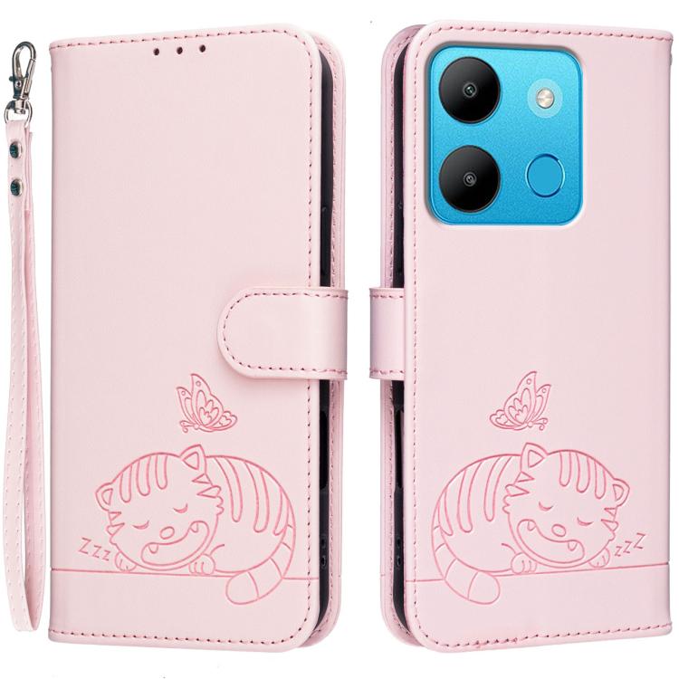 Cat Butterfly Embossed RFID Vegan Leather Phone Case with Strap, For Tecno Camon 20, For Tecno Spark 10 5G, For Tecno Spark 10C, For Tecno Spark Go 2023, For Tecno Spark 10 Pro