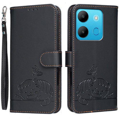 Cat Butterfly Embossed RFID Vegan Leather Phone Case with Strap, For Tecno Camon 20, For Tecno Spark 10 5G, For Tecno Spark 10C, For Tecno Spark Go 2023, For Tecno Spark 10 Pro