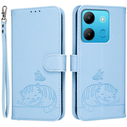 Cat Butterfly Embossed RFID Vegan Leather Phone Case with Strap, For Tecno Camon 20, For Tecno Spark 10 5G, For Tecno Spark 10C, For Tecno Spark Go 2023, For Tecno Spark 10 Pro