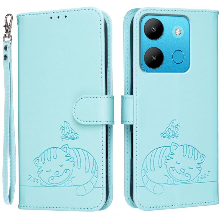 Cat Butterfly Embossed RFID Vegan Leather Phone Case with Strap, For Tecno Camon 20, For Tecno Spark 10 5G, For Tecno Spark 10C, For Tecno Spark Go 2023, For Tecno Spark 10 Pro
