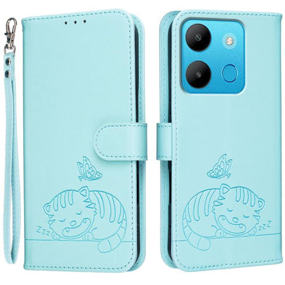 Cat Butterfly Embossed RFID Vegan Leather Phone Case with Strap, For Tecno Camon 20, For Tecno Spark 10 5G, For Tecno Spark 10C, For Tecno Spark Go 2023, For Tecno Spark 10 Pro