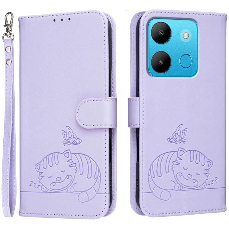 Cat Butterfly Embossed RFID Vegan Leather Phone Case with Strap, For Tecno Camon 20, For Tecno Spark 10 5G, For Tecno Spark 10C, For Tecno Spark Go 2023, For Tecno Spark 10 Pro