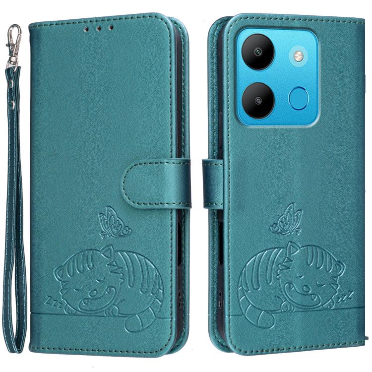 Cat Butterfly Embossed RFID Vegan Leather Phone Case with Strap, For Tecno Camon 20, For Tecno Spark 10 5G, For Tecno Spark 10C, For Tecno Spark Go 2023, For Tecno Spark 10 Pro