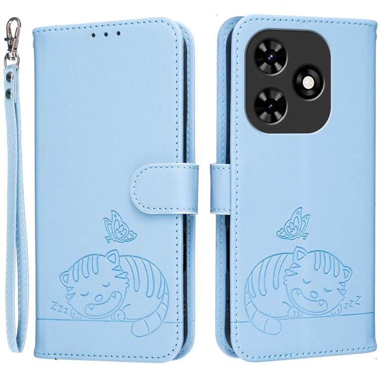 Cat Butterfly Embossed RFID Vegan Leather Phone Case with Strap, For Tecno Pova 7 4G, For Tecno Spark Go 2025 / Infinix Hot 60i, For Tecno Spark 10 Pro Magic, For Tecno Camon 30 Premier 5G, For Tecno Spark 20 Pro+, For Tecno Spark 20 Pro / Infinix Hot ...