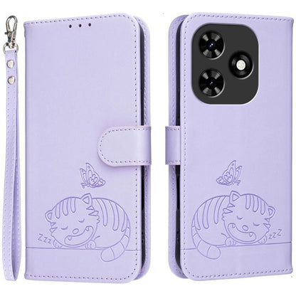 Cat Butterfly Embossed RFID Vegan Leather Phone Case with Strap, For Tecno Pova 7 4G, For Tecno Spark Go 2025 / Infinix Hot 60i, For Tecno Spark 10 Pro Magic, For Tecno Camon 30 Premier 5G, For Tecno Spark 20 Pro+, For Tecno Spark 20 Pro / Infinix Hot ...
