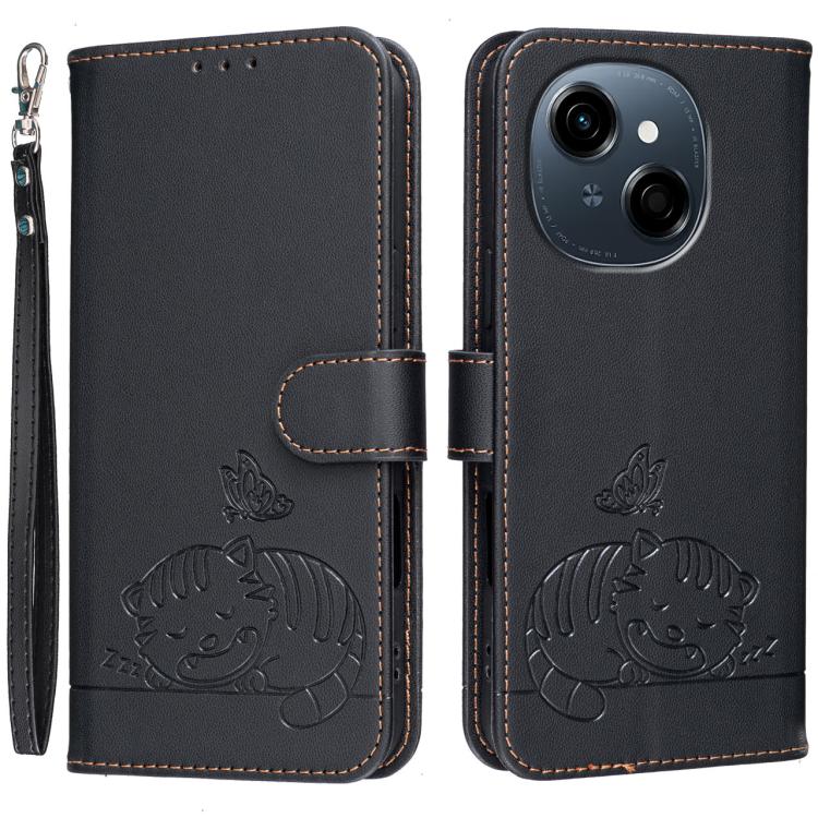 Cat Butterfly Embossed RFID Vegan Leather Phone Case with Strap, For Tecno Pova 7 4G, For Tecno Spark Go 2025 / Infinix Hot 60i, For Tecno Spark 10 Pro Magic, For Tecno Camon 30 Premier 5G, For Tecno Spark 20 Pro+, For Tecno Spark 20 Pro / Infinix Hot ...