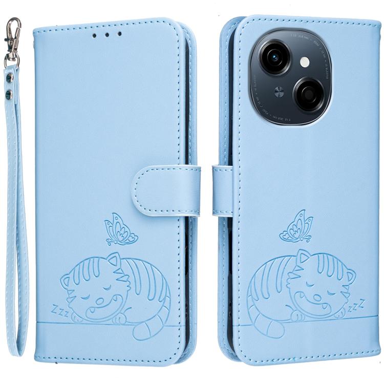 Cat Butterfly Embossed RFID Vegan Leather Phone Case with Strap, For Tecno Pova 7 4G, For Tecno Spark Go 2025 / Infinix Hot 60i, For Tecno Spark 10 Pro Magic, For Tecno Camon 30 Premier 5G, For Tecno Spark 20 Pro+, For Tecno Spark 20 Pro / Infinix Hot ...