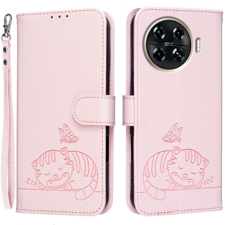 Cat Butterfly Embossed RFID Vegan Leather Phone Case with Strap, For Tecno Pova 7 4G, For Tecno Spark Go 2025 / Infinix Hot 60i, For Tecno Spark 10 Pro Magic, For Tecno Camon 30 Premier 5G, For Tecno Spark 20 Pro+, For Tecno Spark 20 Pro / Infinix Hot ...