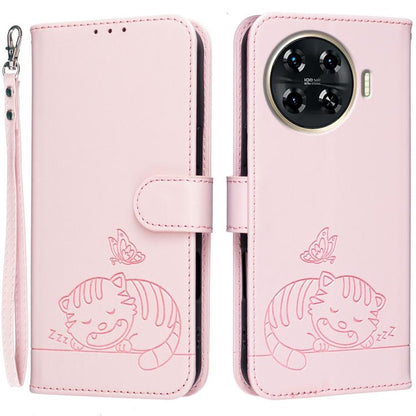 Cat Butterfly Embossed RFID Vegan Leather Phone Case with Strap, For Tecno Pova 7 4G, For Tecno Spark Go 2025 / Infinix Hot 60i, For Tecno Spark 10 Pro Magic, For Tecno Camon 30 Premier 5G, For Tecno Spark 20 Pro+, For Tecno Spark 20 Pro / Infinix Hot ...